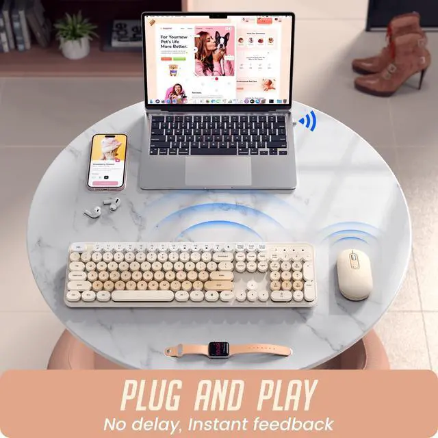 Alt view image 10 of 14 - Wireless Keyboard and Mouse, Silent Keyboard Mouse Combo, Full-Sized Colorful Typewriter Keyboard with Round Keycaps, 2.4G Cute Mouse Compatible with PC/Laptop/Computer(Milk Tea)