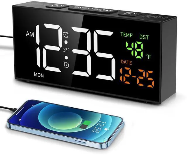 Alt view image 8 of 14 - Alarm Clocks for Bedrooms, Digital Clock with Date Temperature and Weekday, Manual DST, Snooze, 2 Alarms, 4 Volumes for Living Room Home Bedside Desk (Black)