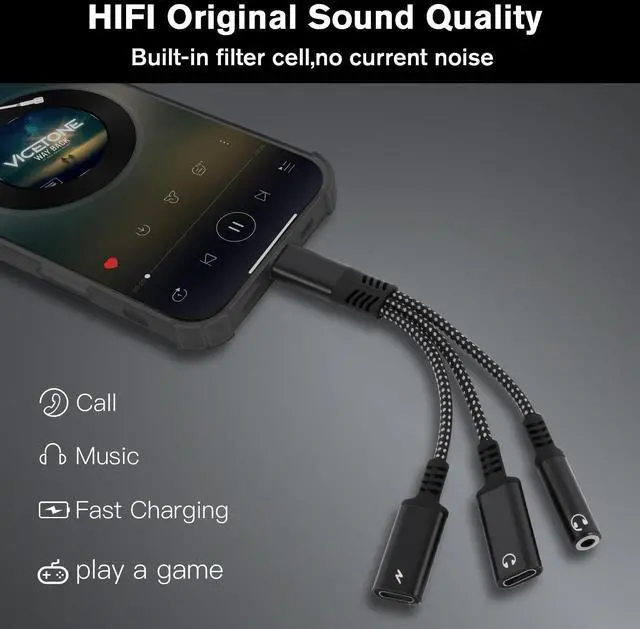 Alt view image 9 of 14 - 1 in 3 USB C to Type-C Charging and Type-C Headphones Plus 3.5mm Headphones PD 60W Charging Adapter, Compatible with GalaxyS22, iPad Pro, Pixel, iPhone 16 15, etc.Black