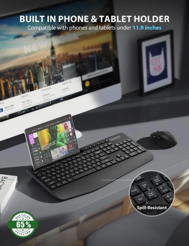 Alt view image 10 of 14 - Wireless Keyboard and Mouse Combo - Full-Sized Ergonomic Keyboard with Wrist Rest, Phone Holder, Sleep Mode, Silent 2.4GHz Cordless Keyboard Mouse Combo for Computer, Laptop, PC, Mac, Windows -Trueque