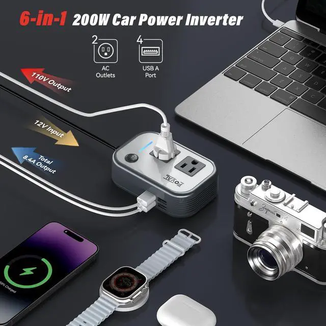 Alt view image 12 of 14 - 200W Car Power Inverter, 12V DC to 110V AC Car Inverte with 4 USB Ports Car Outlet Adapter, Power Inverter for Vehicles, Car Plug Adapter Outlet for Laptop Computer Charger (Gray)