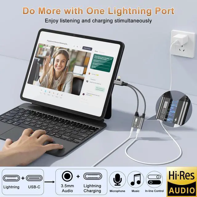 Alt view image 9 of 14 - Magnetic Lightning + USB C to 3.5mm Headphone and Charger Adapter,Apple MFi Certified 2-in-2 USB C/Lightning to Aux Audio Jack with PD Fast Charging Cable Compatible with iPhone 16/15 /14/Samsung