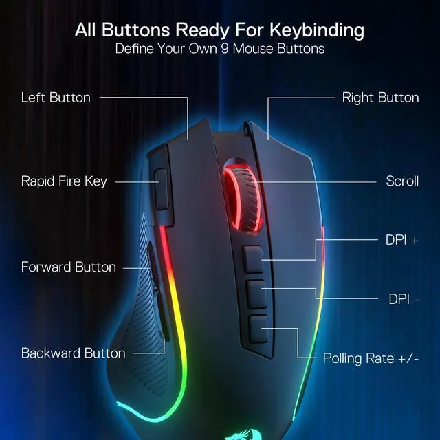 Alt view image 11 of 14 - M612 PRO RGB Gaming Mouse, 8000 DPI Wired/Wireless Optical Mouse with 9 Programmable Buttons & 7 Backlit Modes, BT & 2.4G Wireless, Software Supports DIY Keybinds Rapid Fire Button
