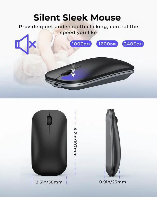 Alt view image 12 of 14 - Wireless Bluetooth Keyboard and Mouse Combo, SKM64-3 Rechargeable Slim Quiet Keyboard Mouse, 3 Multi-Device Connection, Compatible for Windows, Mac, MacBook, iPad, Tablet, Black Gray