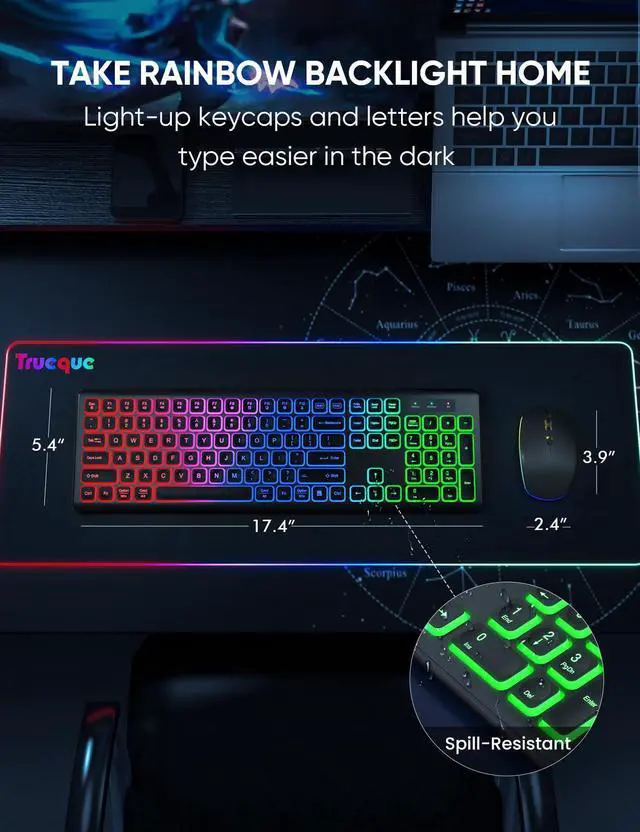 Alt view image 14 of 14 - Wireless Keyboard and Mouse Combo, RGB Backlit, Rechargeable & Light Up Letters, Full-Size, Soft Typing, Sleep Mode, 2.4GHz Quiet Keyboard Set for Mac, Windows, Laptop, PC, Trueque (Black)