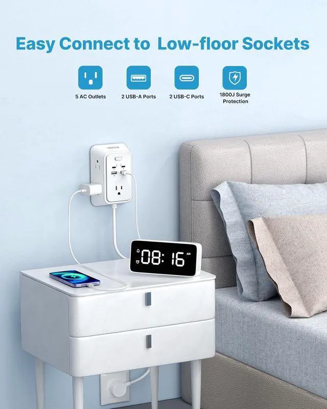 Alt view image 8 of 12 - 6ft Flat Plug Extension Cord, Multi Outlet Extender with 5 Outlets and 4 USB Ports (2 USB-C), 3-Sided Wall Mount Charger, 1800J Surge Protector Power Strip for Home, Office, College Dorm