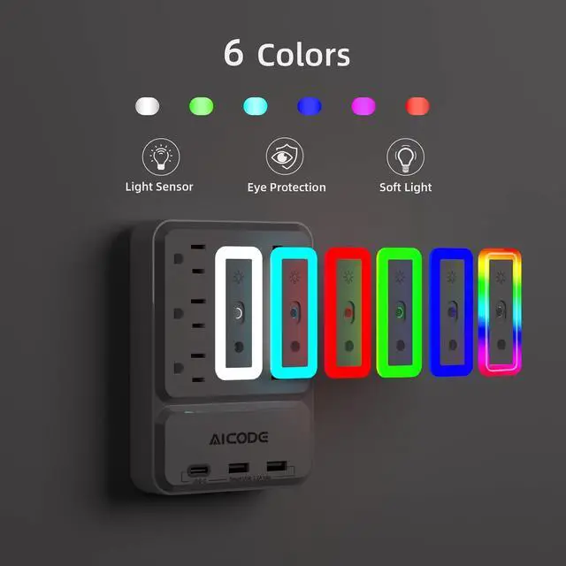 Alt view image 10 of 12 - Outlet Extender with USB C, Multi Outlet Surge Protector with Nightlight, 6 Outlet Wall Plug with USB (3 USB A and 1 USB C),Wall Mount Multiple Plug Outlet Power Strip for Home,Dorm, Office