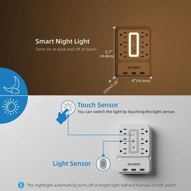 Alt view image 9 of 12 - Outlet Extender with USB C, Multi Outlet Surge Protector with Nightlight, 6 Outlet Wall Plug with USB (3 USB A and 1 USB C),Wall Mount Multiple Plug Outlet Power Strip for Home,Dorm, Office