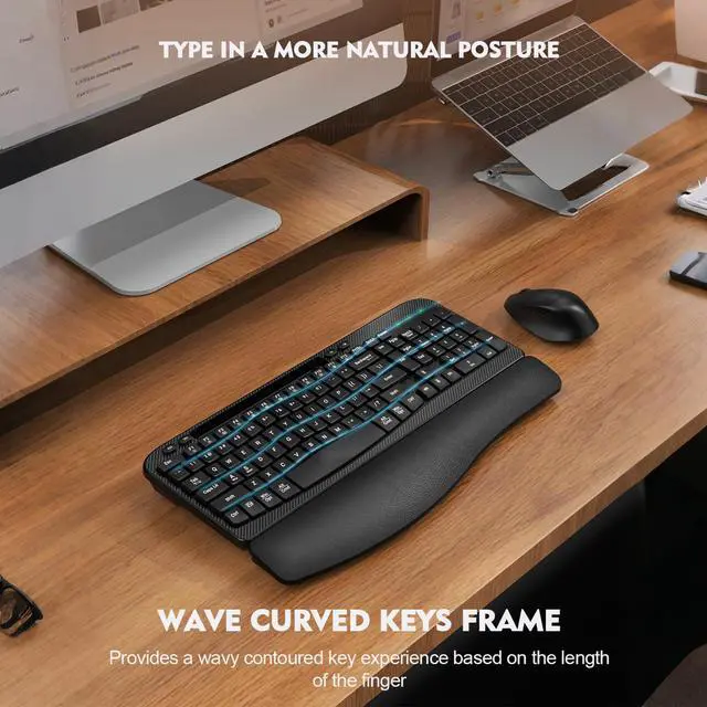 Alt view image 12 of 14 - Wireless Keyboard and Mouse Combo, Wave Keys Full-Sized Ergonomic Keyboard with Cushioned Plam Rest, Phone Holder, Comfortable Natural Typing, 2.4G Cordless Set for Computer, Laptop, PC, Mac, Windows