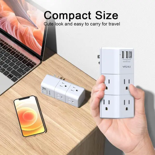 Alt view image 9 of 12 - USB Multi Plug Outlet Extender - YISHU Surge Protector with Rotating Plug, 6 AC Plug Extender with 3 USB Ports, 3-Sided Swivel Power Strip Best Ideal Stocking Stuffers for Adults