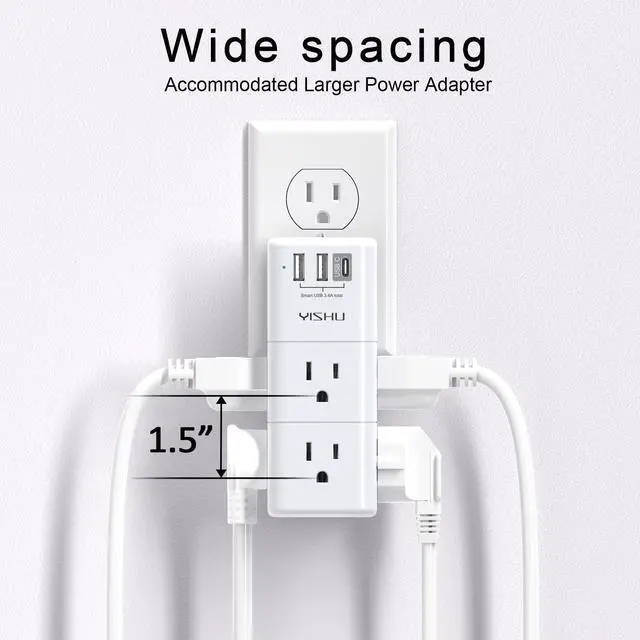 Alt view image 10 of 12 - USB Multi Plug Outlet Extender - YISHU Surge Protector with Rotating Plug, 6 AC Plug Extender with 3 USB Ports, 3-Sided Swivel Power Strip Best Ideal Stocking Stuffers for Adults