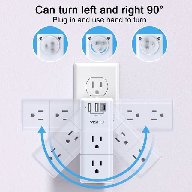 Alt view image 11 of 12 - USB Multi Plug Outlet Extender - YISHU Surge Protector with Rotating Plug, 6 AC Plug Extender with 3 USB Ports, 3-Sided Swivel Power Strip Best Ideal Stocking Stuffers for Adults