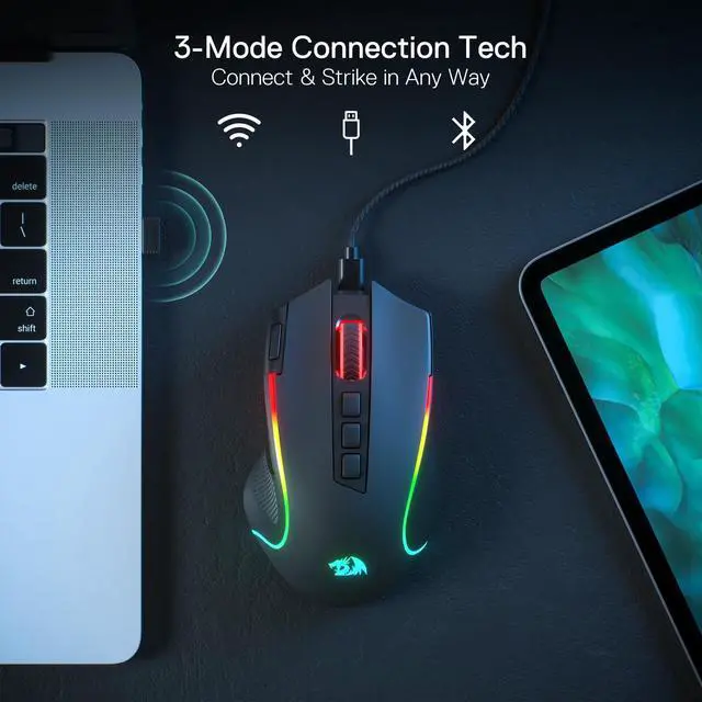 Alt view image 10 of 14 - M612 PRO RGB Gaming Mouse, 8000 DPI Wired/Wireless Optical Mouse with 9 Programmable Buttons & 7 Backlit Modes, BT & 2.4G Wireless, Software Supports DIY Keybinds Rapid Fire Button