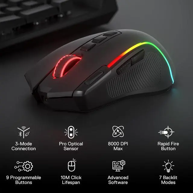 Alt view image 9 of 14 - M612 PRO RGB Gaming Mouse, 8000 DPI Wired/Wireless Optical Mouse with 9 Programmable Buttons & 7 Backlit Modes, BT & 2.4G Wireless, Software Supports DIY Keybinds Rapid Fire Button