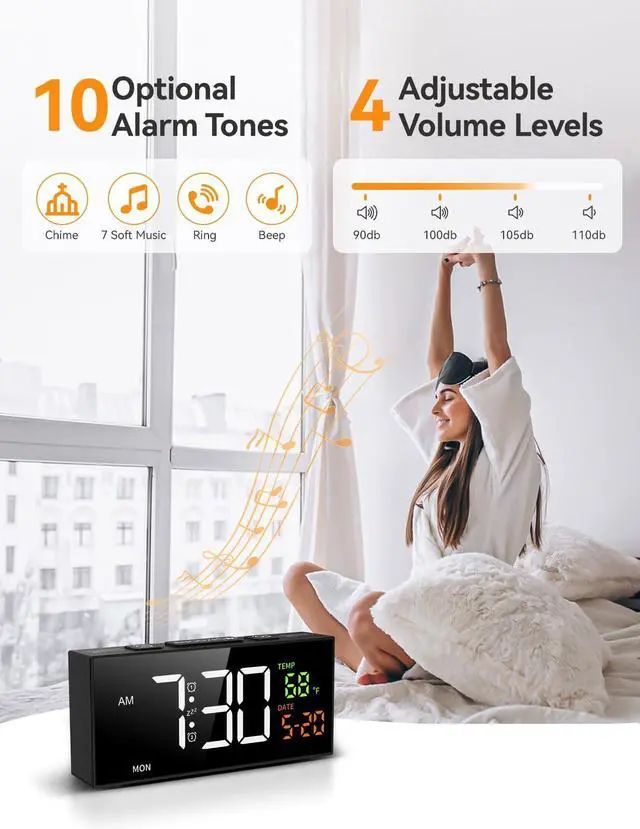 Alt view image 9 of 14 - Alarm Clocks for Bedrooms, Digital Clock with Date Temperature and Weekday, Manual DST, Snooze, 2 Alarms, 4 Volumes for Living Room Home Bedside Desk (Black)