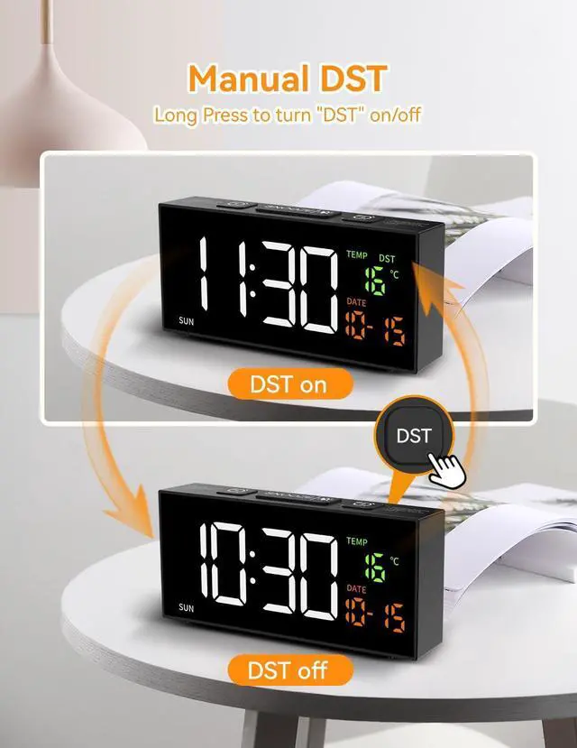 Alt view image 14 of 14 - Alarm Clocks for Bedrooms, Digital Clock with Date Temperature and Weekday, Manual DST, Snooze, 2 Alarms, 4 Volumes for Living Room Home Bedside Desk (Black)