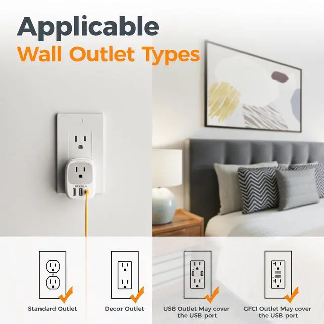 Alt view image 11 of 12 - Wall Charger Block, 3 USB Charging Ports (1 USB C) and 1 AC Outlet Splitter, TESSAN 1875W Wall Outlet Extender, Multi Plug Adapter for Cruise, Home, Office, Dorm Room Essentials