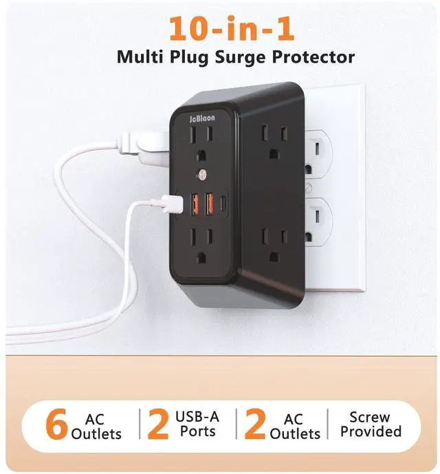 Alt view image 9 of 14 - Surge Protector Outlet Extender, 6 Outlet Extender with 4 USB Charging Ports (2 USB C), 3 Sided Multi Plug Wall Adapter for Home, Office, Travel-2 Pack,Black
