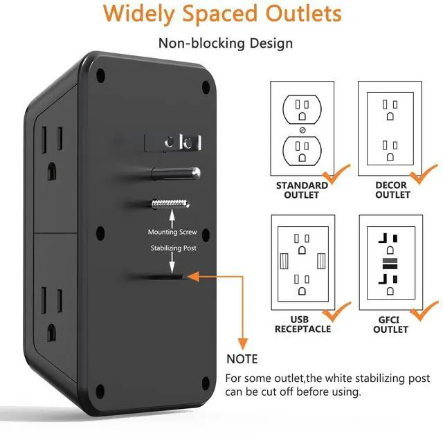 Alt view image 13 of 14 - Surge Protector Outlet Extender, 6 Outlet Extender with 4 USB Charging Ports (2 USB C), 3 Sided Multi Plug Wall Adapter for Home, Office, Travel-2 Pack,Black