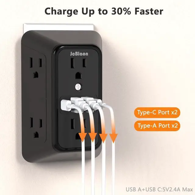 Alt view image 11 of 14 - Surge Protector Outlet Extender, 6 Outlet Extender with 4 USB Charging Ports (2 USB C), 3 Sided Multi Plug Wall Adapter for Home, Office, Travel-2 Pack,Black