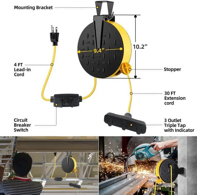 Alt view image 14 of 14 - 30 Ft Retractable Extension Cord Reel with 3 Electrical Power Outlets - 16/3 SJTW Power Cord,10 AMP Circuit Breaker - Ceiling or Wall Mount for Garage,UL Listed,Yellow