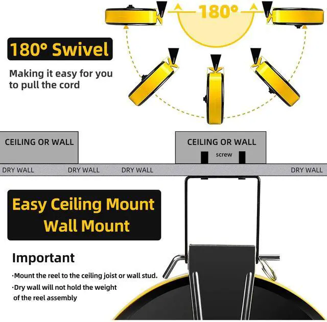 Alt view image 12 of 14 - 30 Ft Retractable Extension Cord Reel with 3 Electrical Power Outlets - 16/3 SJTW Power Cord,10 AMP Circuit Breaker - Ceiling or Wall Mount for Garage,UL Listed,Yellow
