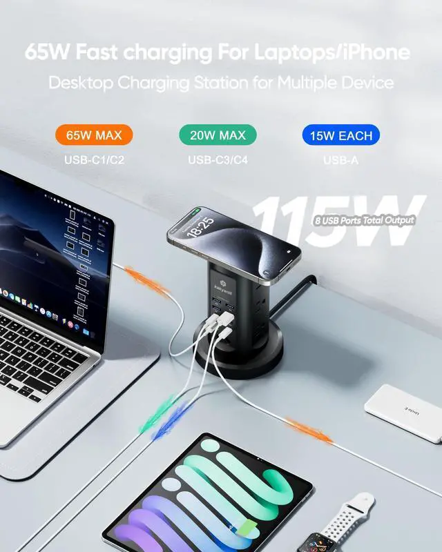 Alt view image 10 of 14 - 115W USB Charging Station, Surge Protector Power Strip Tower, 9 AC Outlets with 8 USB Ports(4 USB-C), 6Ft Flat Plug Retractable Extension Cord, for Home Office Dorm, Black