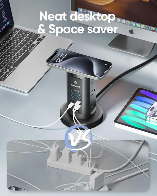 Alt view image 13 of 14 - 115W USB Charging Station, Surge Protector Power Strip Tower, 9 AC Outlets with 8 USB Ports(4 USB-C), 6Ft Flat Plug Retractable Extension Cord, for Home Office Dorm, Black