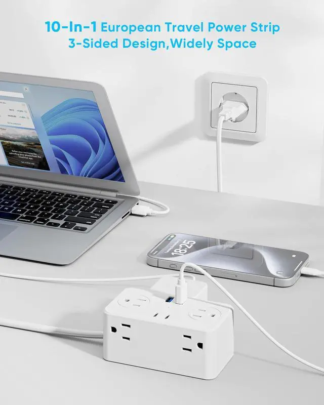 Alt view image 12 of 14 - European Travel Plug Adapter, EU/UK/US Travel Plug Adapter Power Strip, 6 AC Outlets, 4 USB Ports (2 USB C), 3ft Wrapped Around Extension Cord, Universal Travel Adapter