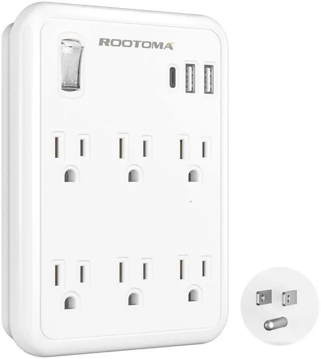 Alt view image 8 of 14 - USB Wall Outlet Extender with On Off Switch, Surge Protector Outlet,6 AC Multi-Plug with 3 USB Ports (1 USB C), 490 Joules, Flat Socket Splitter with Spaced Outlet for Home, Office, College