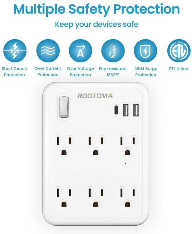 Alt view image 10 of 14 - USB Wall Outlet Extender with On Off Switch, Surge Protector Outlet,6 AC Multi-Plug with 3 USB Ports (1 USB C), 490 Joules, Flat Socket Splitter with Spaced Outlet for Home, Office, College