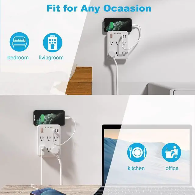 Alt view image 14 of 14 - USB Wall Outlet Extender with On Off Switch, Surge Protector Outlet,6 AC Multi-Plug with 3 USB Ports (1 USB C), 490 Joules, Flat Socket Splitter with Spaced Outlet for Home, Office, College
