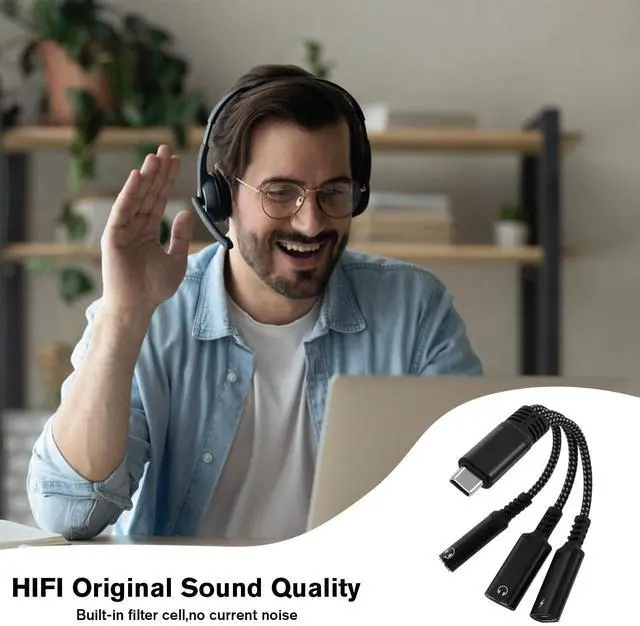 Alt view image 11 of 14 - 1 in 3 USB C to Type-C Charging and Type-C Headphones Plus 3.5mm Headphones PD 60W Charging Adapter, Compatible with GalaxyS22, iPad Pro, Pixel, iPhone 16 15, etc.Black