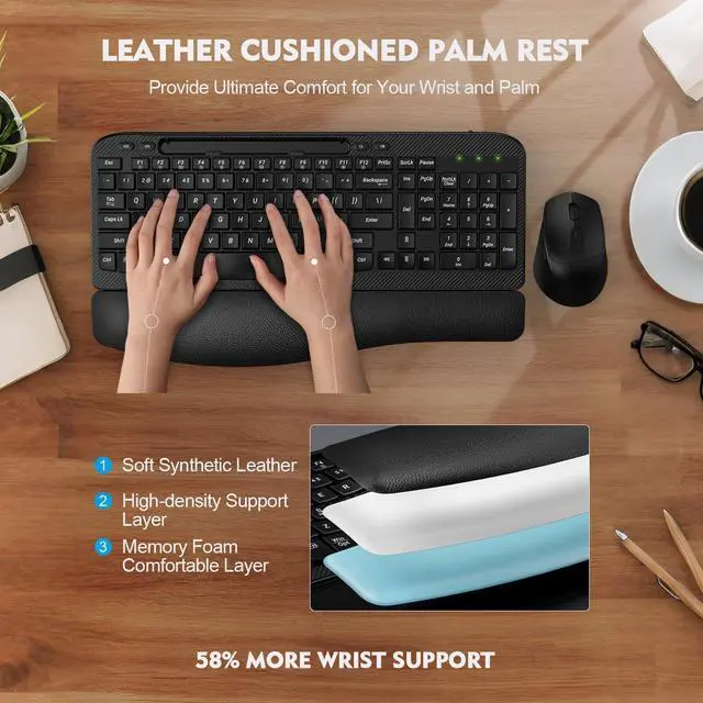 Alt view image 9 of 14 - Wireless Keyboard and Mouse Combo, Wave Keys Full-Sized Ergonomic Keyboard with Cushioned Plam Rest, Phone Holder, Comfortable Natural Typing, 2.4G Cordless Set for Computer, Laptop, PC, Mac, Windows