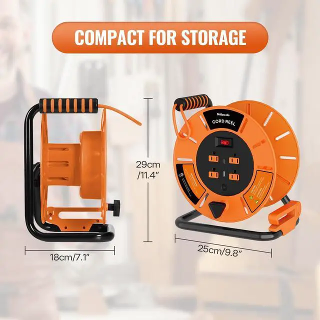 Alt view image 9 of 14 - Extension Cord Storage Reel with 4-Grounded Outlet & 2 USB Port, 15A Circuit Breaker, Heavy Duty Open Cord Reel for 12/3,14/3 Gauge Power Cord, Hand Wind Retractable,ETL Listed Orange G85CR06