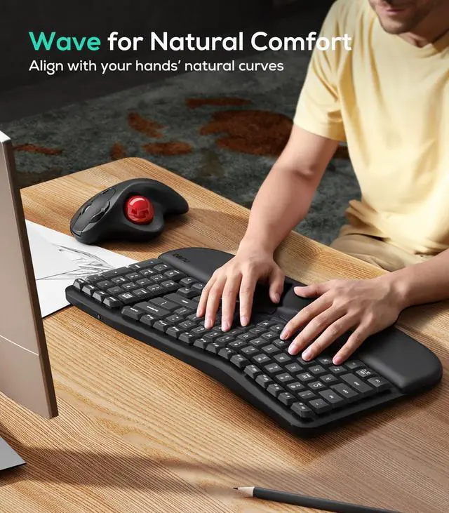 Alt view image 9 of 14 - RT08 Wave Keys Wireless Ergonomic Keyboard with Cushioned Palm Rest, 2.4GHz Ergo Cordless USB Computer Keyboard, Comfortable Natural Typing, for Laptop, Mac, Windows Black