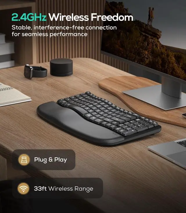 Alt view image 11 of 14 - RT08 Wave Keys Wireless Ergonomic Keyboard with Cushioned Palm Rest, 2.4GHz Ergo Cordless USB Computer Keyboard, Comfortable Natural Typing, for Laptop, Mac, Windows Black