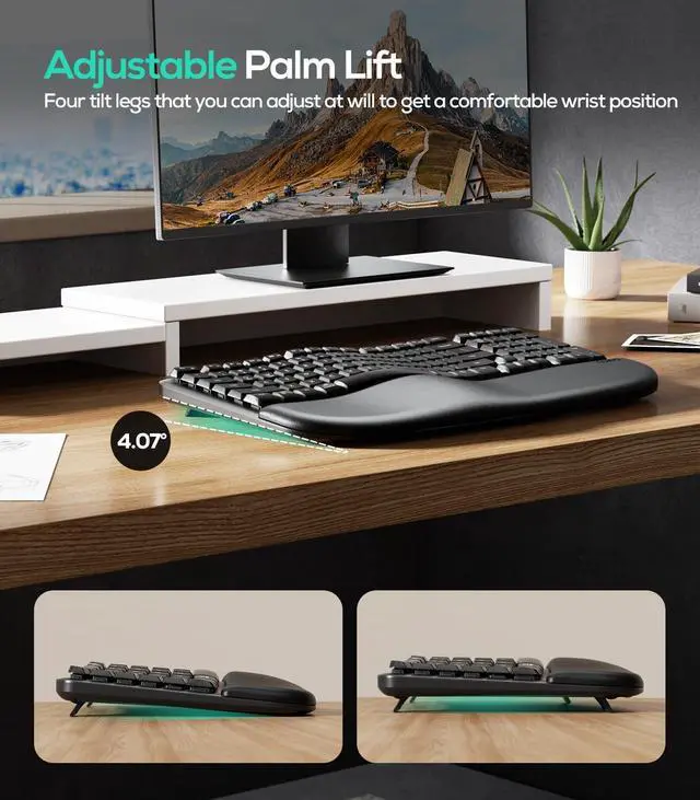 Alt view image 12 of 14 - RT08 Wave Keys Wireless Ergonomic Keyboard with Cushioned Palm Rest, 2.4GHz Ergo Cordless USB Computer Keyboard, Comfortable Natural Typing, for Laptop, Mac, Windows Black