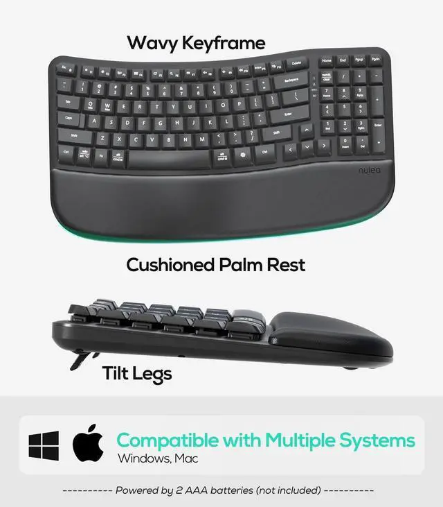 Alt view image 14 of 14 - RT08 Wave Keys Wireless Ergonomic Keyboard with Cushioned Palm Rest, 2.4GHz Ergo Cordless USB Computer Keyboard, Comfortable Natural Typing, for Laptop, Mac, Windows Black