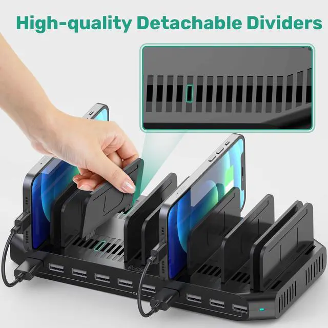 Alt view image 10 of 14 - 10-Port Multi Charging Station, 60W USB Tablet Charging Station for Multiple Devices, USB Charging Dock Multi Device Charger Organizer with Adjustable Dividers for Tablets, Smartphones