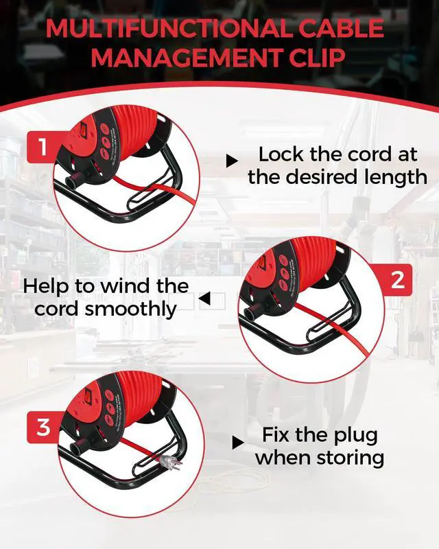 Alt view image 14 of 14 - Extension Cord Storage Reel with 4-Grounded Outlets, 15A Circuit Breaker, Heavy Duty Open Cord Reel for 12/3,14/3,16/3 Gauge Power Cord, Hand Wind Retractable, ETL Listed, Red R95CR06