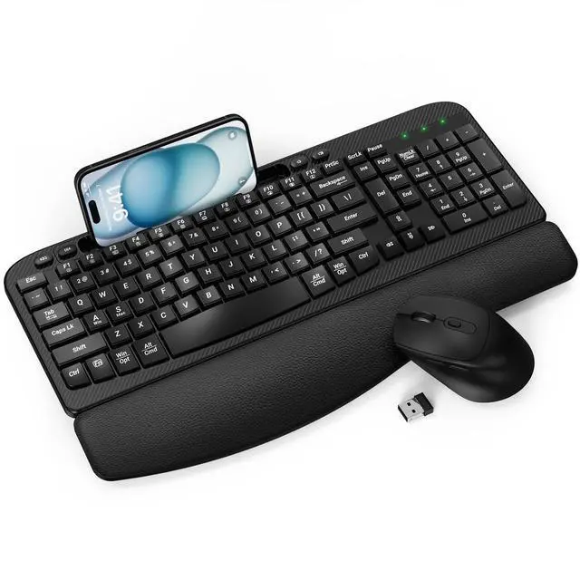 Alt view image 8 of 14 - Wireless Keyboard and Mouse Combo, Wave Keys Full-Sized Ergonomic Keyboard with Cushioned Plam Rest, Phone Holder, Comfortable Natural Typing, 2.4G Cordless Set for Computer, Laptop, PC, Mac, Windows