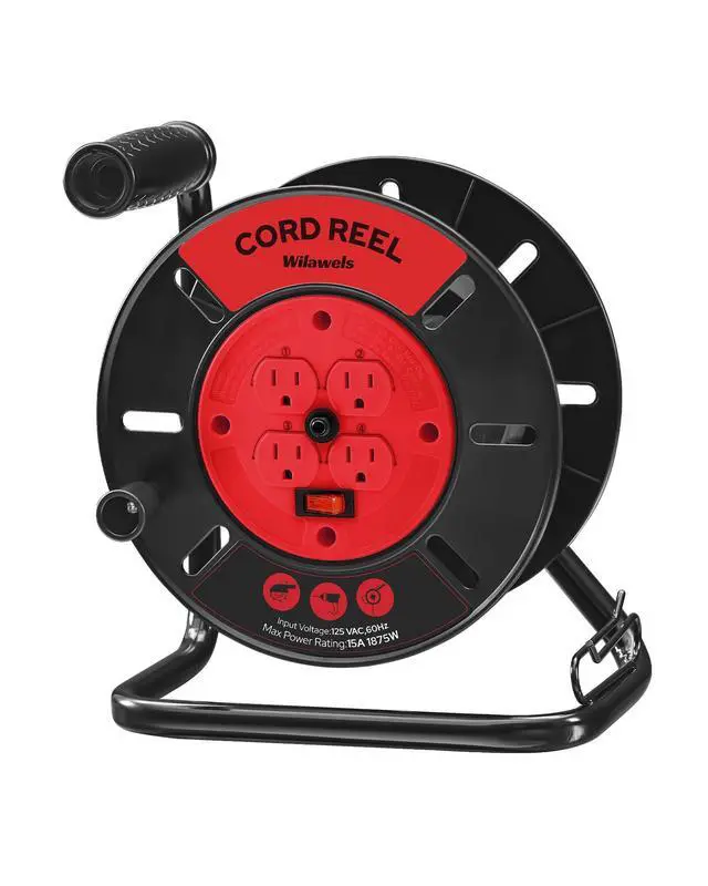 Alt view image 8 of 14 - Extension Cord Storage Reel with 4-Grounded Outlets, 15A Circuit Breaker, Heavy Duty Open Cord Reel for 12/3,14/3,16/3 Gauge Power Cord, Hand Wind Retractable, ETL Listed, Red R95CR06