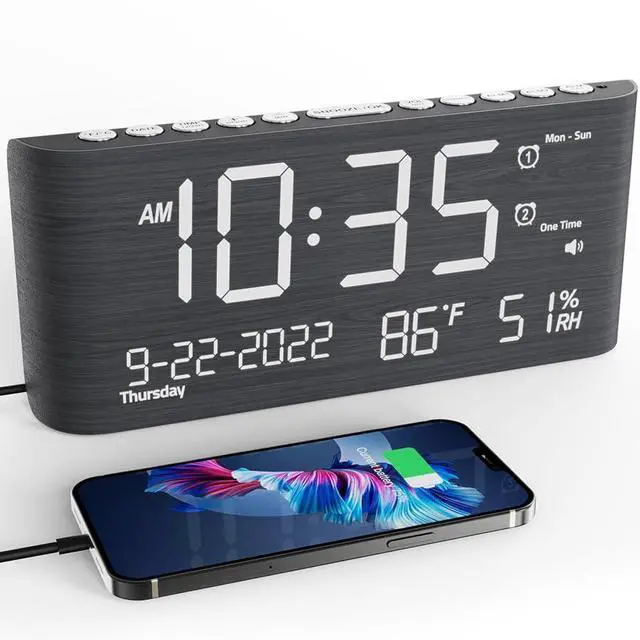 Alt view image 8 of 14 - Wooden Digital Alarm Clocks for Bedrooms, Bedside Desk Clock with Day and Date, USB Charging Port, Temperature & Humidity Detect, Weekday/Weekend Mode, Dual Alarm, 2-100% Brightness Dimmer, 12/24H