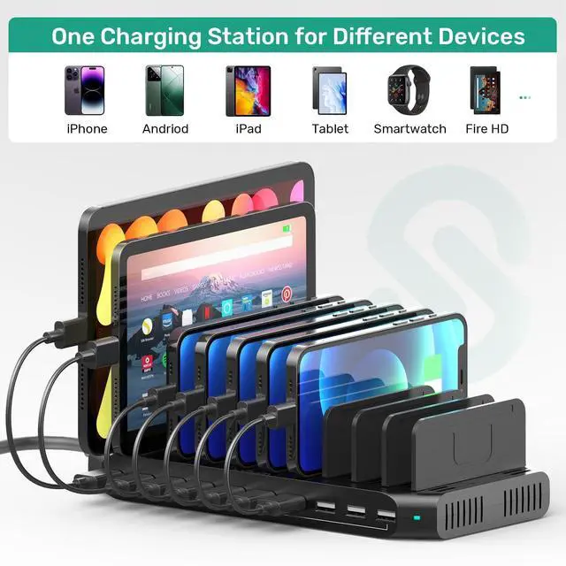 Alt view image 9 of 14 - 10-Port Multi Charging Station, 60W USB Tablet Charging Station for Multiple Devices, USB Charging Dock Multi Device Charger Organizer with Adjustable Dividers for Tablets, Smartphones
