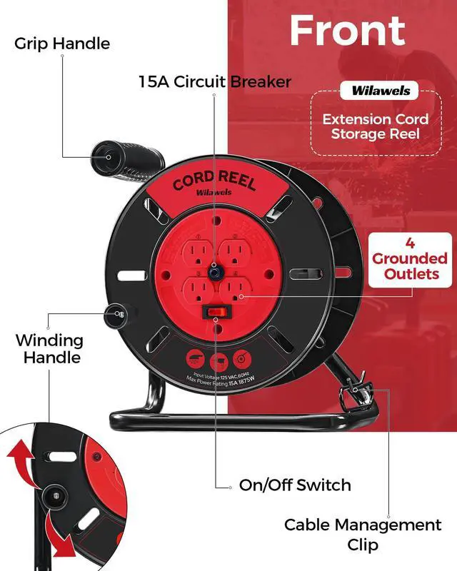 Alt view image 9 of 14 - Extension Cord Storage Reel with 4-Grounded Outlets, 15A Circuit Breaker, Heavy Duty Open Cord Reel for 12/3,14/3,16/3 Gauge Power Cord, Hand Wind Retractable, ETL Listed, Red R95CR06
