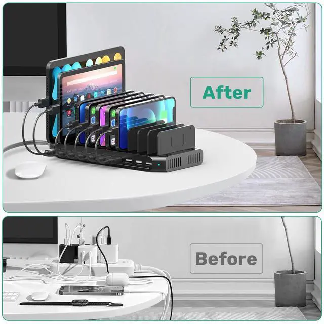 Alt view image 11 of 14 - 10-Port Multi Charging Station, 60W USB Tablet Charging Station for Multiple Devices, USB Charging Dock Multi Device Charger Organizer with Adjustable Dividers for Tablets, Smartphones