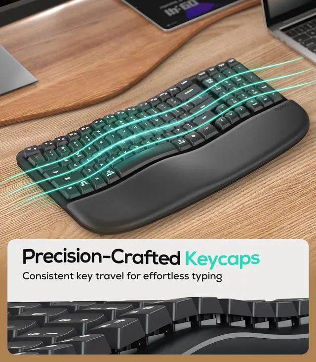 Alt view image 10 of 14 - RT08 Wave Keys Wireless Ergonomic Keyboard with Cushioned Palm Rest, 2.4GHz Ergo Cordless USB Computer Keyboard, Comfortable Natural Typing, for Laptop, Mac, Windows Black