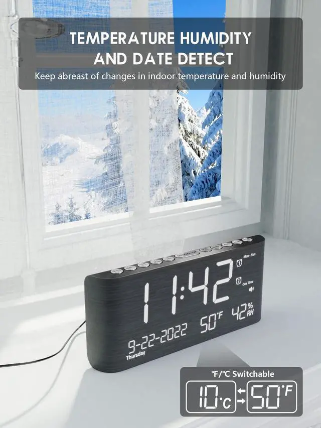 Alt view image 13 of 14 - Wooden Digital Alarm Clocks for Bedrooms, Bedside Desk Clock with Day and Date, USB Charging Port, Temperature & Humidity Detect, Weekday/Weekend Mode, Dual Alarm, 2-100% Brightness Dimmer, 12/24H