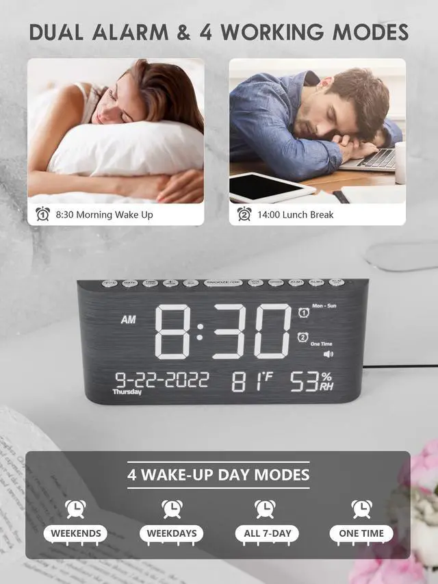 Alt view image 9 of 14 - Wooden Digital Alarm Clocks for Bedrooms, Bedside Desk Clock with Day and Date, USB Charging Port, Temperature & Humidity Detect, Weekday/Weekend Mode, Dual Alarm, 2-100% Brightness Dimmer, 12/24H